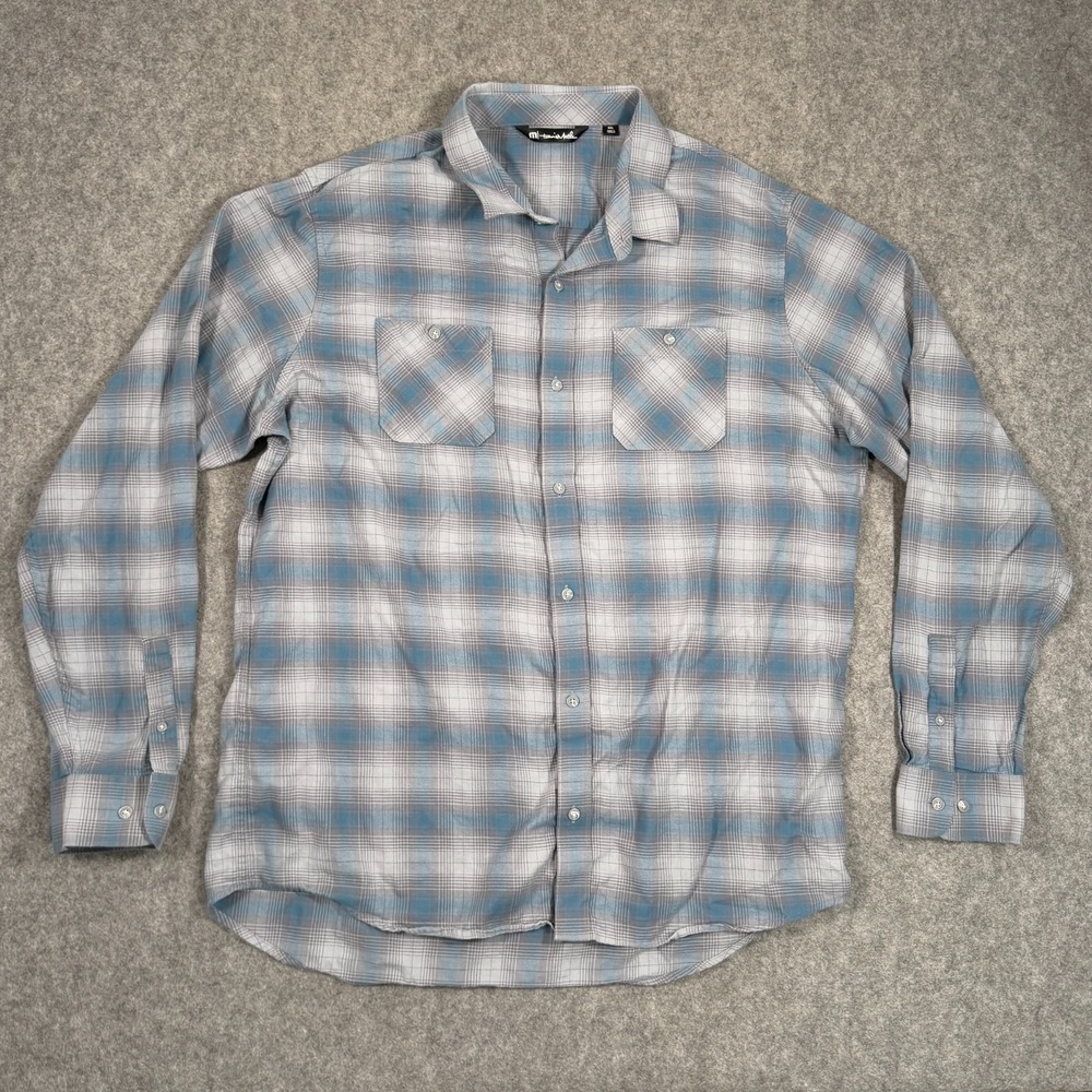 Travis Mathew Quiet Shade Blue Plaid High Stakes Button Up Shirt Men's Size XXL